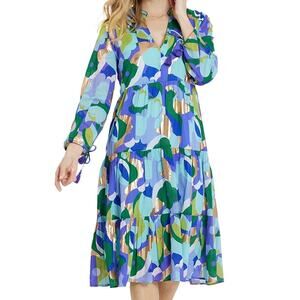 JUDE CONNALLY NWT Monaco Tiered Midi Dress w/Tasseled Cuffs S Blue Purple Gold